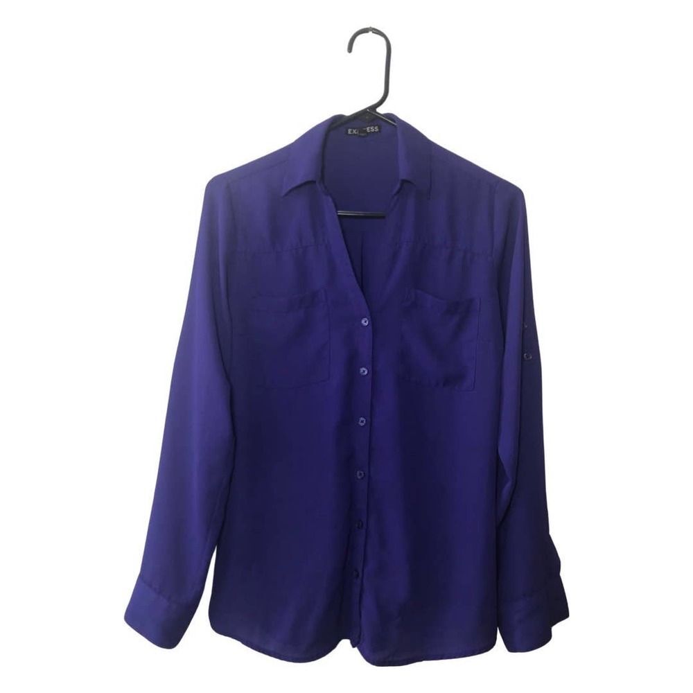 Express Women’s Blouse Sheer Small Long Sleeve Roll Up V Neck Buttons Office